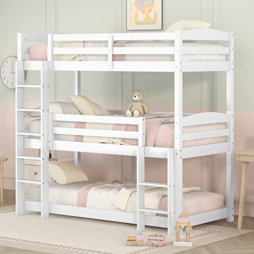 FEZTOY Kinderbett Etagenbett 97x208cm für 3 Personen, Stockbett Dreifachbett Hochbett mit Rausfallschutz, Hochbett mit Treppe, Massivholz Kinderbett, Jugendbett (weiß)