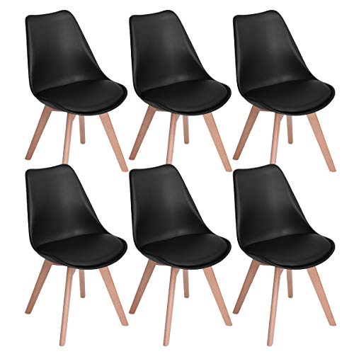 EGGREE 6er Set Esszimmerstühle mit Buche Bein, Retro Design Gepolsterter Stuhl Küchenstuhl Holz, Schwarz