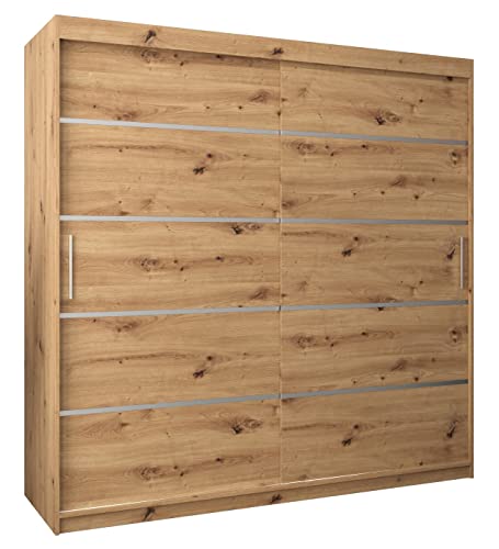 Kryspol Schwebetürenschrank Verona 1 200 cm Kleiderschrank mit Kleiderstange und Einlegeboden Schlafzimmer- Wohnzimmerschrank Schiebetüren Modern Design (Schubladen: 0, Artisan Eiche)