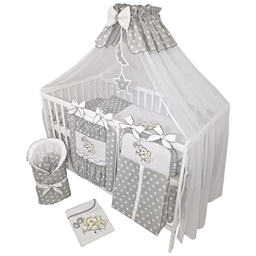 Bello24 - 16 Teiliges Babybett Kinderbett und Bettwäsche komplett Set Happy Leo inkl. Matratze höhenverstellbar für Neugeborene Babys und Kleinkinder aus Massivholz (Elefanten - Grau)