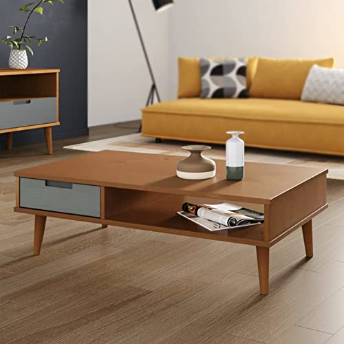 JUNZAI Couchtisch MOLDE Braun 100x55x31 cm Massivholz Kiefer, Living Room Table, Wohnzimmertisch, Beistelltisch, Side Table & End Table, Coffee Table