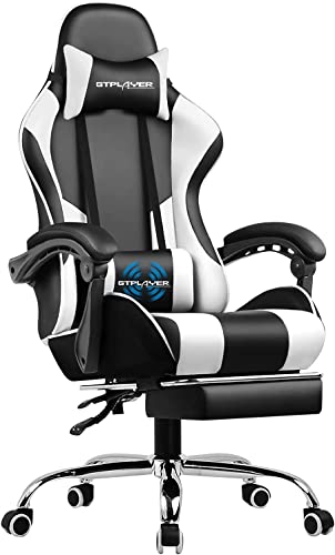 GTPLAYER Bürostuhl Gaming Stuhl Massage Gaming Sessel Ergonomischer Gamer Stuhl mit Fußstütze, Kopfstütze Massage-Lendenkissen, Gepolstert Gaming Chair, Drehsessel Weiß