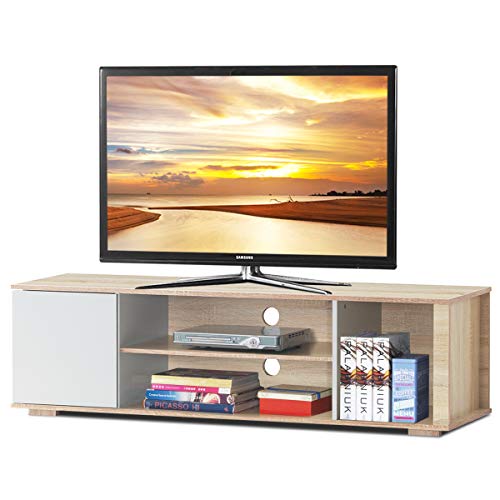 COSTWAY Fernsehschrank für TVs bis zu 60 Zoll, TV Lowboard mit Schrank und 3 offenen Fächern, TV Schrank Landhausstil, Natur 150 x 39 x 42 cm