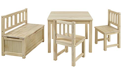 Bomi Kindertisch mit 2 Stühle und Spielzeugkiste | Kindertruhenbank aus Kiefer Massiv Holz für Kinder | Kindersitzgruppe unbehandelt Mädchen und Jungen