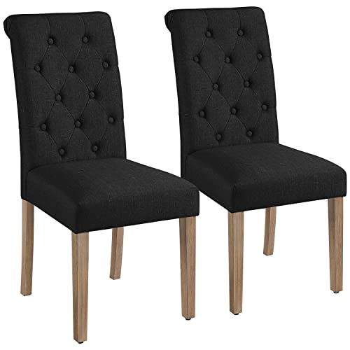 Yaheetech Esszimmerstühle 2er Set Küchenstuhl Polsterstuhl mit hoher Rückenlehne, Beine aus Massivholz, gepolsterte Sitzfläche aus Leinen, Schwarz