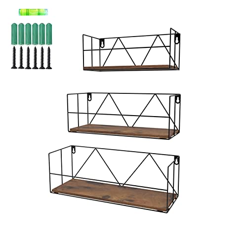 EYMPEU Wandregal im 3er-Set Schweberegale Modernes Regalbrett Wandmontierte Regale Rustikale Aufbewahrungsregale mit Metalldraht Gestelle Anzeigen Wohnkultur für Badezimmer