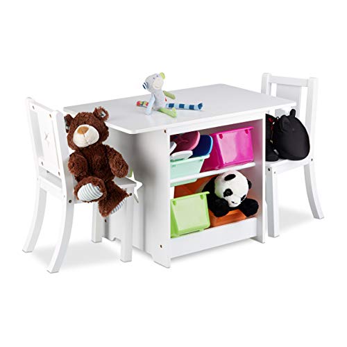Relaxdays Kindersitzgruppe ALBUS mit Stauraum, 1 Tisch und 2 Stühle aus Holz, Kindertischgruppe für Jungen und Mädchen, weiß