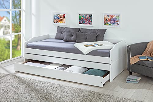 Inter Link - Funktionsbett - Kinderbett - Einzelbett mit Stauraum - Bett mit Schubladen - 3 Liegeflächen 90x200cm - Kiefer massivholz - inkl. 2 Lattenroste – Weiß lackiert - Lotar 90x200cm