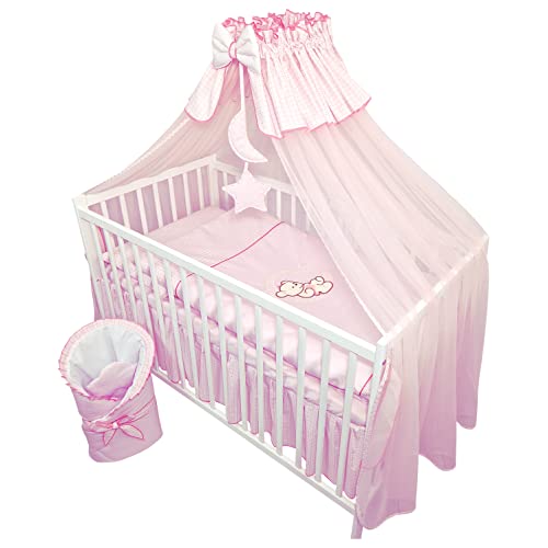 Bello24 13 Teiliges Babybett Kinderbett und Bettwäsche komplett Set Happy Leo inkl. Matratze höhenverstellbar für Neugeborene Babys und Kleinkinder aus Massivholz Bestickt (Teddybär Mond Rosa)