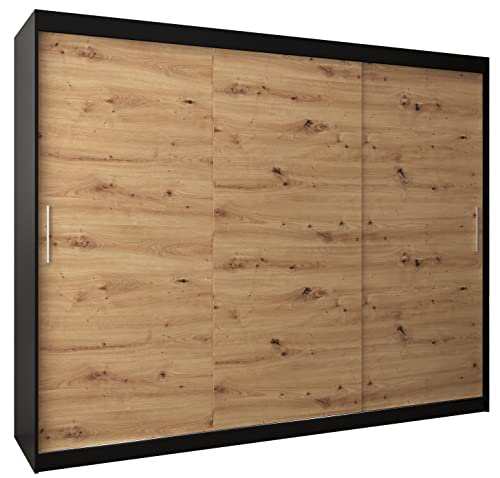 Kryspol Schwebetürenschrank Tokyo 250 cm Kleiderschrank mit Kleiderstange und Einlegeboden Schlafzimmer- Wohnzimmerschrank Schiebetüren Modern Design (Schwarz + Artisan Eiche)