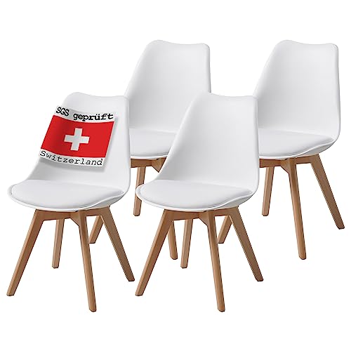 ALBATROS Esszimmerstühle 4er Set AARHUS, Weiss - Beine aus Buche Massiv-Holz, Skandinavisches Retro-Design, bequemer Schalenstuhl - Eleganter Küchenstuhl, Stuhl Esszimmer für Esstisch