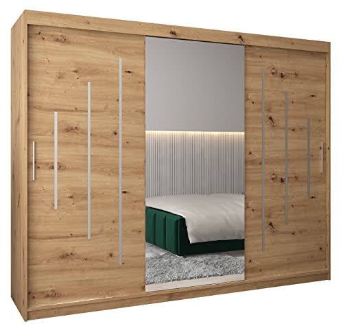 Kryspol Schwebetürenschrank York 1-250 cm mit Spiegel Kleiderschrank mit Kleiderstange und Einlegeboden Schlafzimmer- Wohnzimmerschrank Schiebetüren Modern Design (Artisan Eiche)