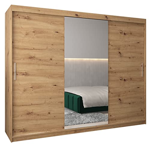 Kryspol Schwebetürenschrank Tokyo 1-250 cm mit Spiegel Kleiderschrank mit Kleiderstange und Einlegeboden Schlafzimmer- Wohnzimmerschrank Schiebetüren Modern Design (Artisan Eiche)