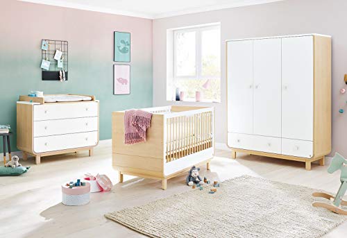 Pinolino Kinderzimmer Möbel Babyzimmer Set Round breit groß, Kinderbett, breiter Wickelkommode und Kleiderschrank