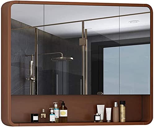 Spiegelschrank Massivholz Badezimmer Wandmontage Aufbewahrungsbox mit Regal Einfacher Spiegel Einzelne Schrank Großer klarer Spiegel Wasserdicht und Silent 90 * 80 * 14 cm ( Color : Walnut )