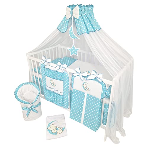 Bello24 - 16 Teiliges Babybett Kinderbett und Bettwäsche komplett Set Timmi inkl. Matratze höhenverstellbar für Neugeborene Babys und Kleinkinder aus Massivholz (Teddybär Mond Azurblau)