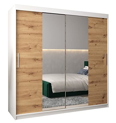 Kryspol Schwebetürenschrank Tokyo 1-200 cm mit Spiegel Kleiderschrank mit Kleiderstange und Einlegeboden Schlafzimmer- Wohnzimmerschrank Schiebetüren Modern Design (Weiß + Artisan Eiche)