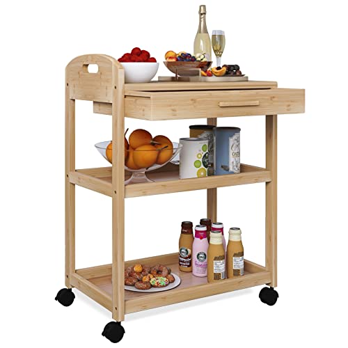 SMIBUY Kücheninsel Wagen auf Rädern mit Lagerung Schublade & Regale, Bambus 3-Tier Rolling Utility Serving Rack mit Massivholz Arbeitsplatte & Lockable Casters (Natural)