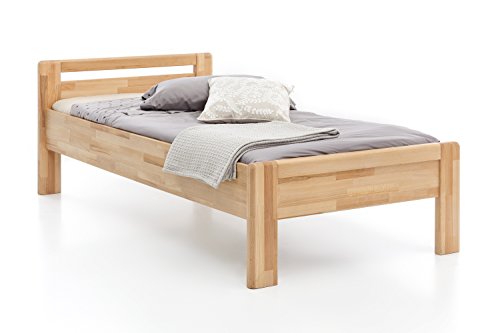 Woodlive Massivholz-Bett aus Kernbuche, als Seniorenbett geeignet, in Komforthöhe, geöltes Einzel- und Komfortbett mit Kopfteil (90 x 200 cm)