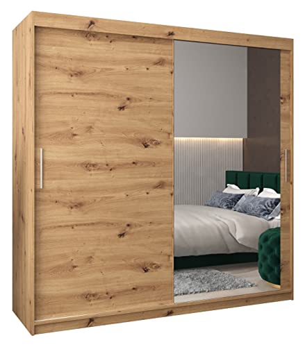 Kryspol Schwebetürenschrank Tokyo 2-200 cm mit Spiegel Kleiderschrank mit Kleiderstange und Einlegeboden Schlafzimmer- Wohnzimmerschrank Schiebetüren Modern Design (Artisan Eiche)