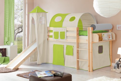 Hochbett mit Rutsche und Turm Spielbett Kasper Kiefer massiv Natur, Vorhangstoff:Beige Grün