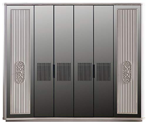 Casa Padrino Luxus Art Deco Schlafzimmerschrank Weiß/Schwarz 265 x 67 x H. 220 cm - Edler Massivholz Kleiderschrank mit 6 verspiegelten Türen - Schlafzimmer Möbel - Luxus Qualität