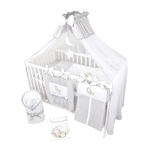 Bello24 - 16 Teiliges Babybett Kinderbett und Bettwäsche komplett Set Happy Leo inkl. Matratze höhenverstellbar für Neugeborene Babys und Kleinkinder aus Massivholz (Grau - Teddybär Mond)