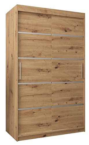 Kryspol Schwebetürenschrank Verona 1 120 cm Kleiderschrank mit Kleiderstange und Einlegeboden Schlafzimmer- Wohnzimmerschrank Schiebetüren Modern Design (Schubladen: 0, Artisan Eiche)