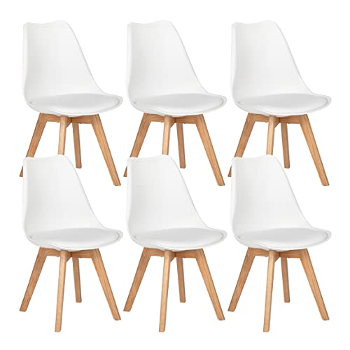 EGGREE 6er Set Esszimmerstühle Skandinavisch Küchenstuhl Stühle Modern mit Massivholz Eiche Bein und Kunstlederkissen, Weiß