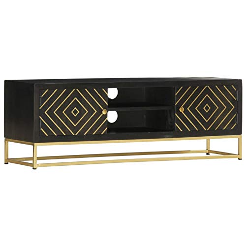 JUNZAI TV-Schrank, Fernsehtisch, Tv Lowboard, Fernsehschrank, Tv Bank, Tv Table, Tv Kommode, Schwarz Golden 120 x 30 x 40 cm Massivholz Mango