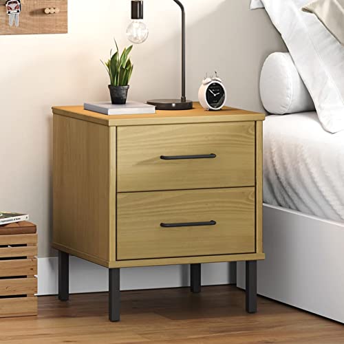 ShGaxin Oslo mit Metallbeinen, Nachtschrank, Nachtkonsole, Bedside Tables, Nachtkästchen, Beistellschrank, Nightstand, Nachtkommode, Braun Massivholz Kiefer