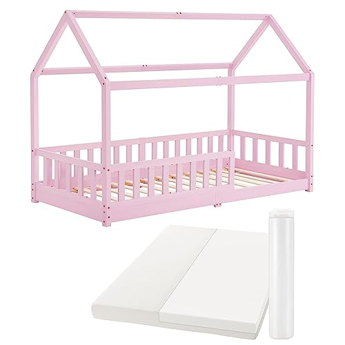 Juskys Kinderbett Marli 90 x 200 cm mit Matratze, Rausfallschutz, Lattenrost & Dach - Massivholz Hausbett für Kinder - Bett in Rosa