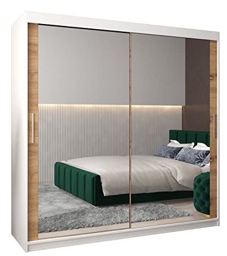 Kryspol Schwebetürenschrank Tokyo 3-200 cm mit Spiegel Kleiderschrank mit Kleiderstange und Einlegeboden Schlafzimmer- Wohnzimmerschrank Schiebetüren Modern Design (Weiß + Artisan Eiche)