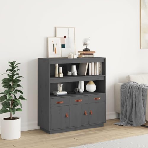 UTSRABFA Buffetschrank Flurschrank Highboard Ordnerregal Highboard Grau 100x40x108,5 cm Massivholz Kiefer Geeignet für Flur, Arbeitszimmer, Küche, Esszimmer