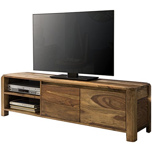 FineBuy Lowboard Massivholz Sheesham Kommode 140 cm TV-Board Ablage-Fächer Landhaus-Stil dunkel-braun Unterschrank TV-Möbel Echt-Holz 40 cm hoch Sideboard Deko Fernsehschrank offen Natur-Produkt