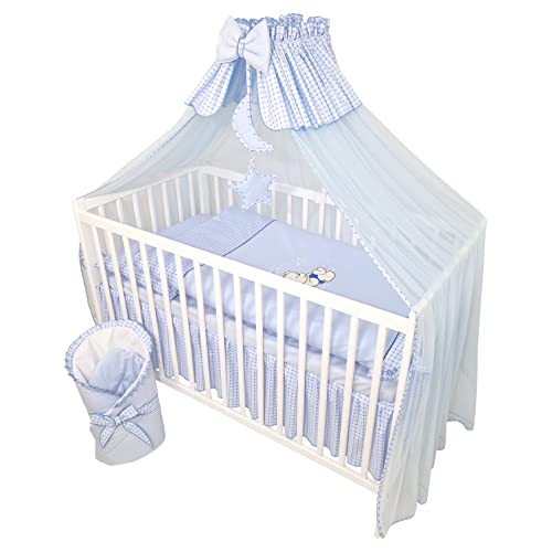 Bello24 - 13 Teiliges Babybett Kinderbett und Bettwäsche komplett Set Happy Leo inkl. Matratze höhenverstellbar für Neugeborene Babys und Kleinkinder aus Massivholz Bestickt (Teddybär Mond Blau)