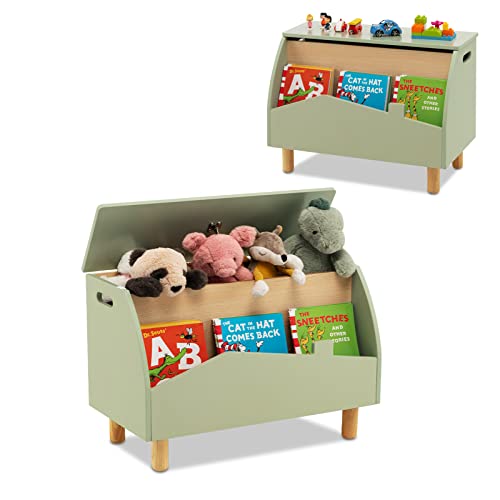 DREAMADE Kinderregal mit offener Ablage und Kiste, Spielzeug-Organizer mit Massivholzbeine, Spielzeugkiste mit Deckel für Bücher und Spielzeug, für Kinderzimmer & Kindergarten 60x30x44 cm (Grün)