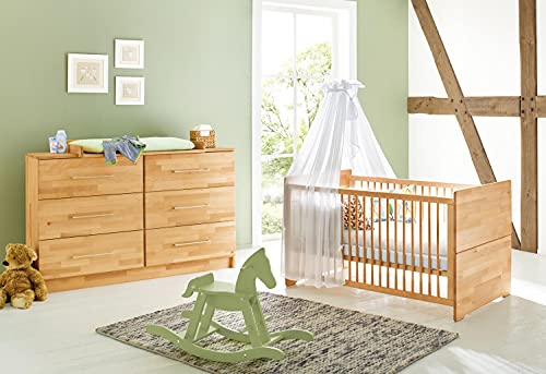 Pinolino Baby- und Kinderzimmer Möbel Spar-Set Natura extrabreit, Kinderbett für 70 x 140 cm Matratzen und Wickelkommode, Massivholz, geölt