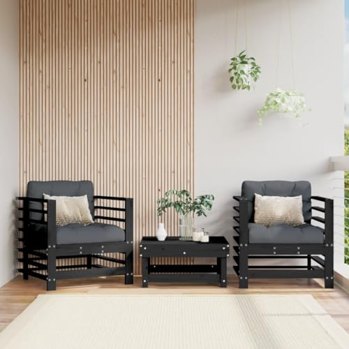 MATTUI 2 Stück Gartenmöbel Gartenstühle mit Kissen schwarz Massivholz Kiefer