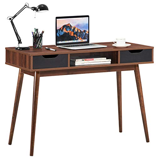 LIFEZEAL Schreibtisch mit 2 Schubladen & Offenen Regal, Computertisch aus Massivholz, Moderner Bürotisch 110cm breit, Schreibtische & Arbeitsplätze im Nordischen Stil, für Wohnzimmer