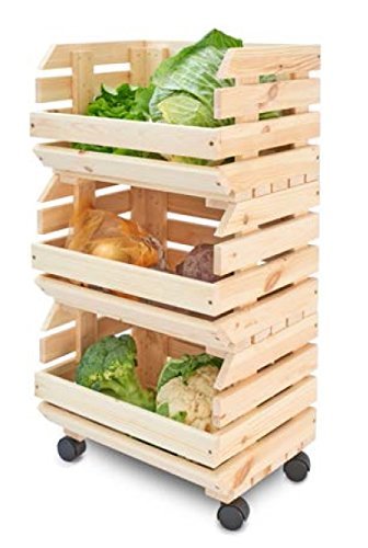 IMPWOOD Gemüsestand Holzregal für Obst und Gemüse Holzkiste Regal Aufbewahrung Massivholz Kiefer Kartoffelhorde Holz stapelbar mit 4 Rollen