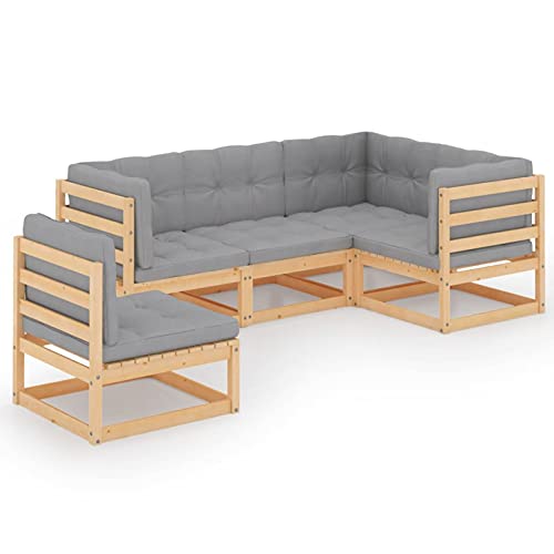 Tidyard 5-TLG. Garten-Lounge-Set mit Grauen Kissen Loungesofa Sofagarnitur Gartensofa Holzsofa Balkonsofa Terrassensofa Lounge-Set Sitzgruppe Loungegruppe Gartenmöbel Gartengarnitur Kiefer Massivholz