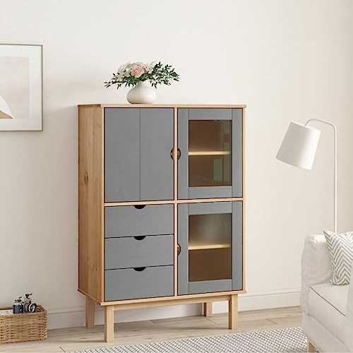 THOYTOUI Küchenanrichte,Dekorativ er Tisch,Moderner Beistelltisch aus Holz für Wohnzimmer,Schlafzimmer und Büro,Highboard Braun und Grau 85 x 43 x 125 cm Massivholz Kiefer