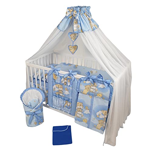 Bello24 - 16 Teiliges Babybett Kinderbett und Bettwäsche komplett Set Happy höhenverstellbar für Neugeborene Babys und Kleinkinder aus Massivholz in fantastischen Farben (Blau Teddybär auf Leiter)