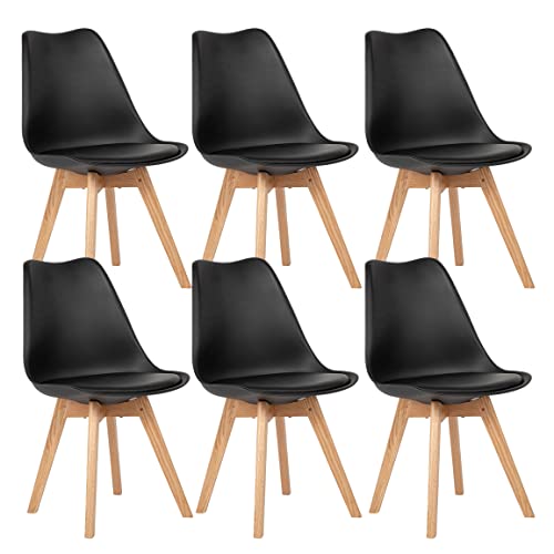 EGGREE 6er Set Esszimmerstühle Skandinavisch Küchenstuhl Stühle Modern mit Massivholz Eiche Bein und Kunstlederkissen, Schwarz