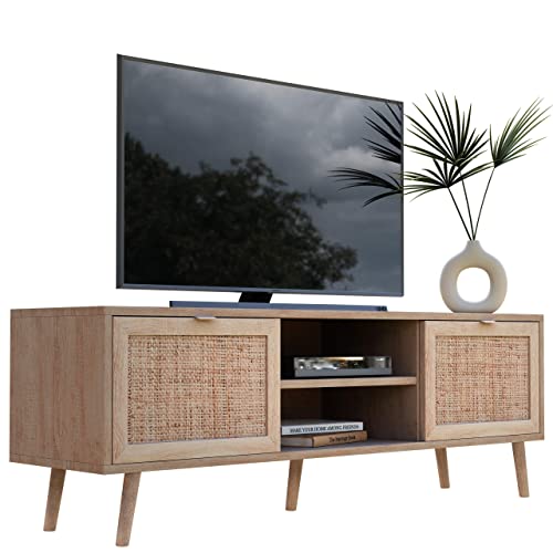 Newfurn TV Lowboard Sonoma Eiche Rattan Optik TV Schrank Modern Skandinavisch - 150x52x40 cm (BxHxT) - Fernsehtisch TV Board Rack Boho - [Mila.Eight] Wohnzimmer