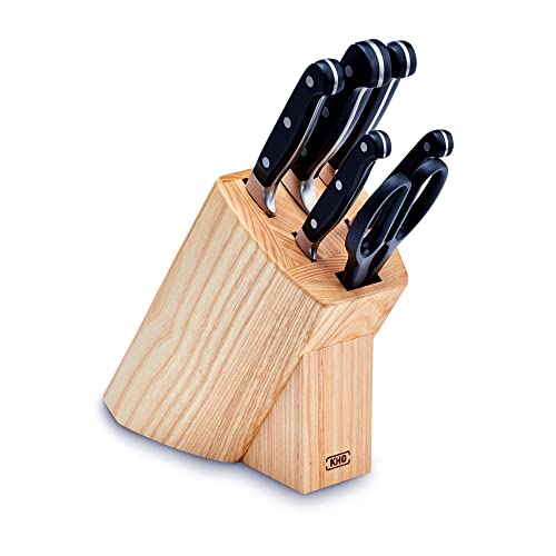 KHG Messerblock-Set 7-teilig aus Massivholz braun, inkl. Messer und Schere, scharfe Klingen aus rostfreiem Edelstahl, universal, Griffe aus Kunststoff