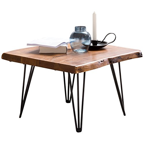 FineBuy Design Couchtisch Massivholz Tisch Baumkante 56 x 38 x 51 cm | Sheesham Holztisch mit Metallbeinen | Wohnzimmertisch im rustikalen Landhausstil