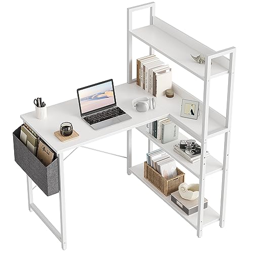 CubiCubi 100 cm Kleiner L-förmiger Computertisch mit Regalen, Eckschreibtisch für das Home Office, Schreibtisch zum Schreiben mit Aufbewahrungstasche, Weiß.