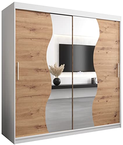 Kryspol Schwebetürenschrank Madryt 200 cm mit Spiegel Kleiderschrank mit Kleiderstange und Einlegeboden Schlafzimmer- Wohnzimmerschrank Schiebetüren Modern Design (Weiß + Artisan Eiche)